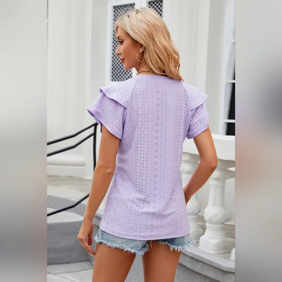 Eyelet Notched Short Sleeve T-Shirt Top - Picture 4 of 5